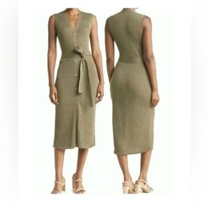 Magaschoni Gray Ribbed Sleeveless Knit Button Front Sweater Midi Dress